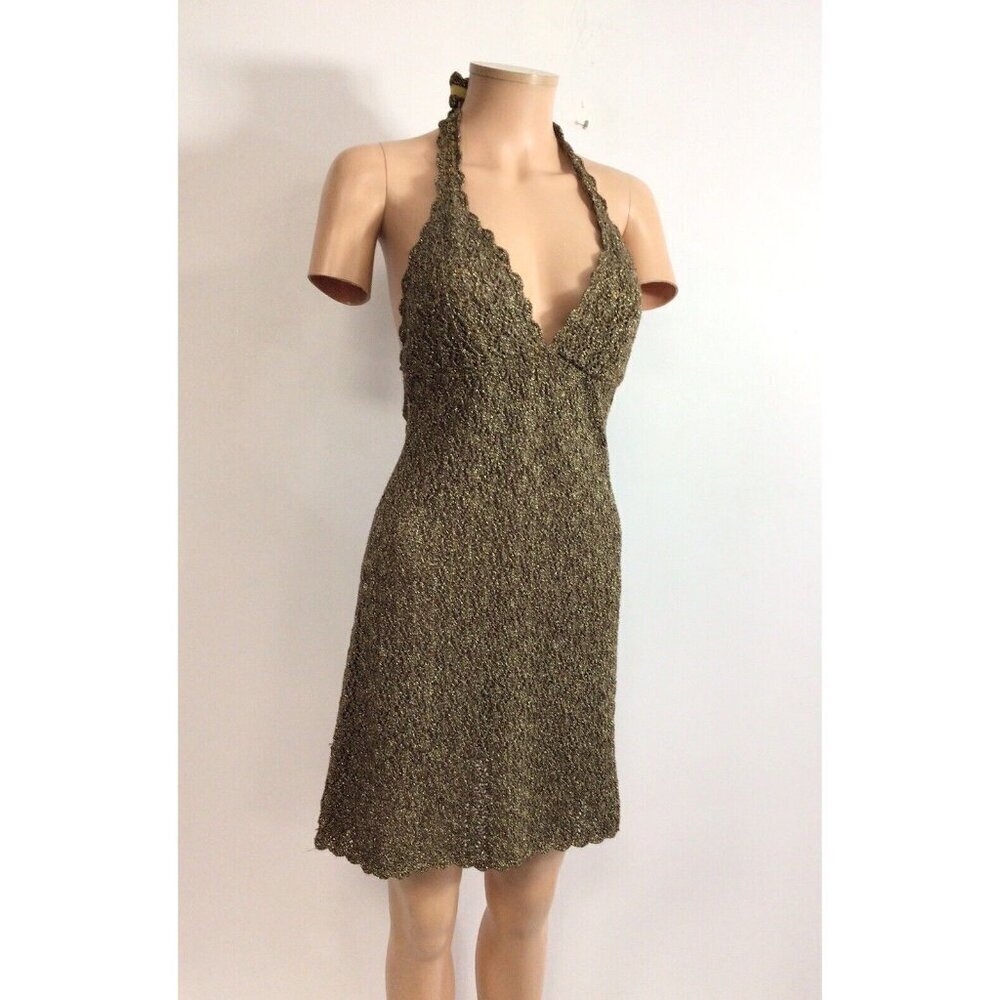 Rebecca Virtue Gold Halter Dress Crochet Knit Womens Medium